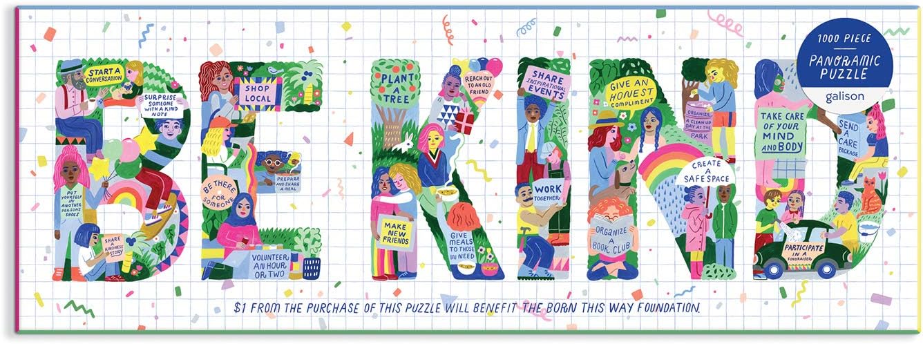 Galison Be Kind Panoramic Puzzle from Galison - 1000 Piece Landscape Jigsaw Puzzle Collaboration with The Born This Way Foundation, 39" x 14", Included is a 21 Days of Kindness Fill-in Calendar