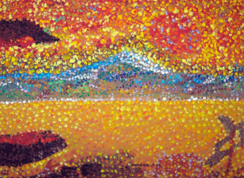 Bold colorful pointillism landscape original painting fiery red and golden yellow tones with blue horizon statement wall art