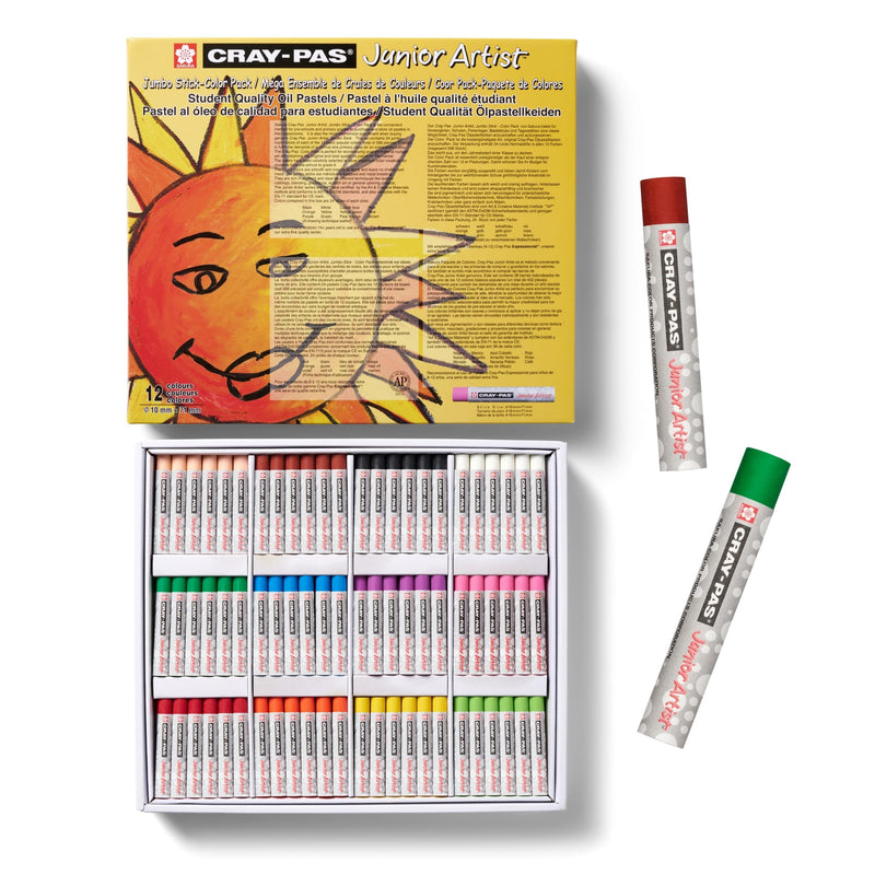 Sakura Cray-Pas Junior Artist oil pastel set rainbow colored pastel sticks in tray with illustrated sun face packaging
