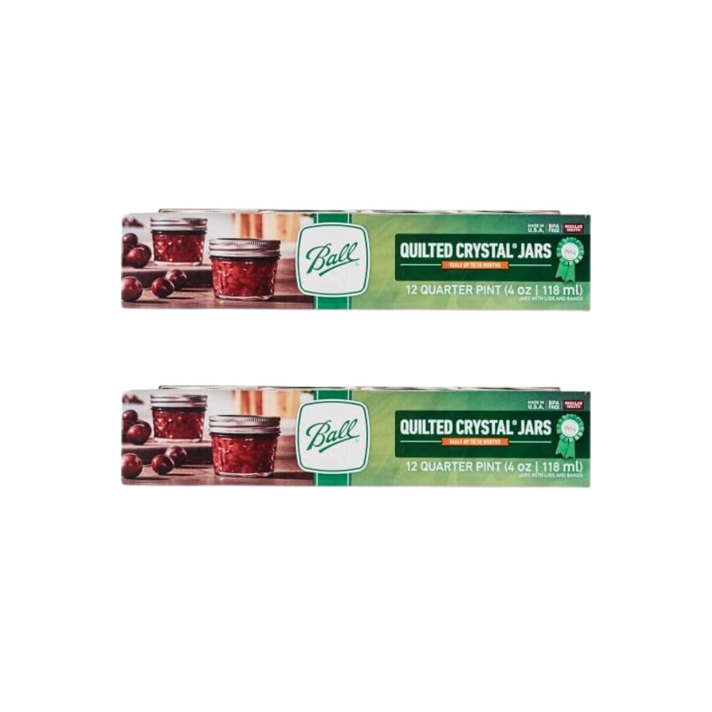 Ball Regular Mouth Quilted Crystal Jelly Jars with Lids and Bands, Used for Canning, Pickling, Juice, Jam, Jelly, Quarter Pint Size 4 Ounce (Pack of 6)