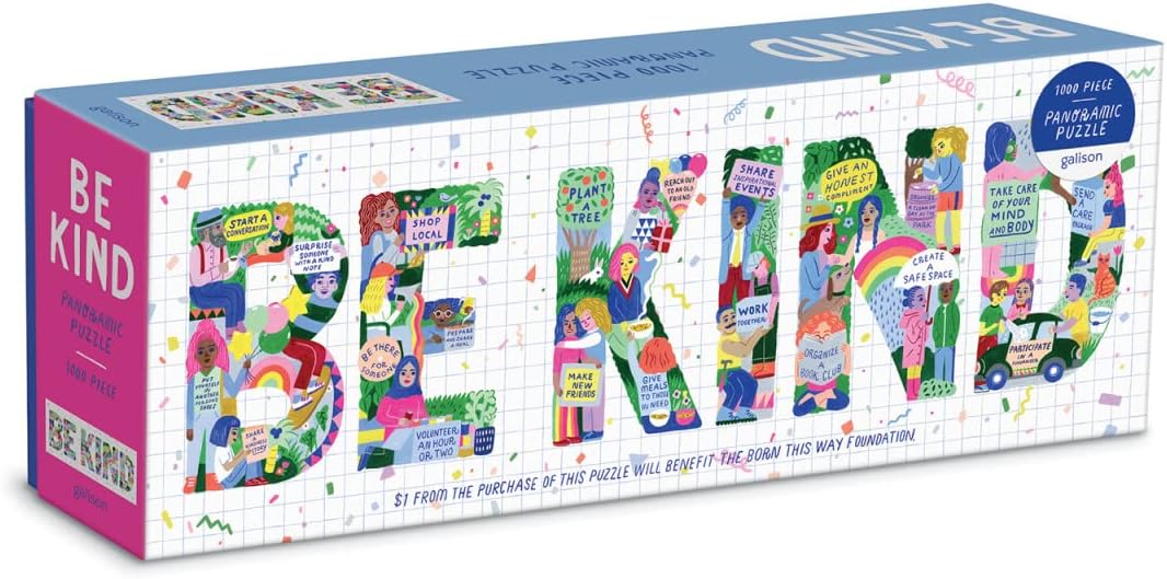 Galison Be Kind Panoramic Puzzle from Galison - 1000 Piece Landscape Jigsaw Puzzle Collaboration with The Born This Way Foundation, 39" x 14", Included is a 21 Days of Kindness Fill-in Calendar