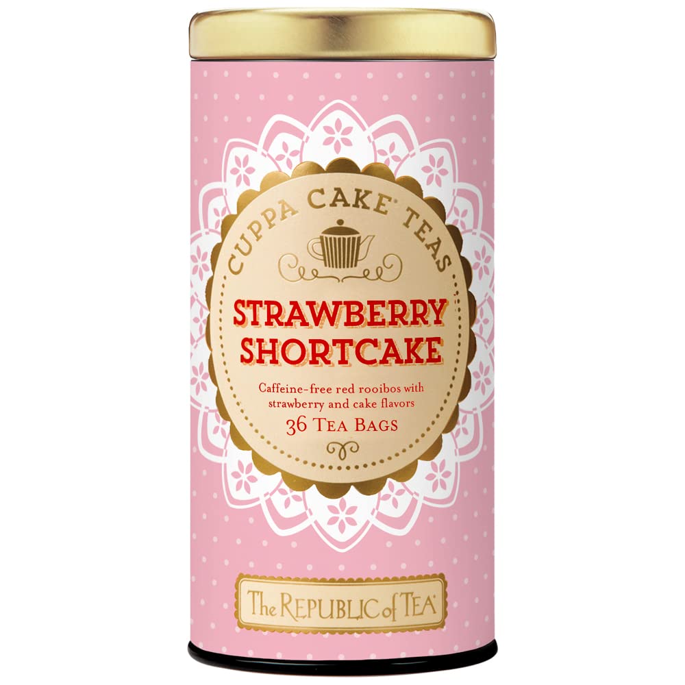Pink tea canister with 'Strawberry Shortcake' flavor from Cuppa Cake Teas on a white background