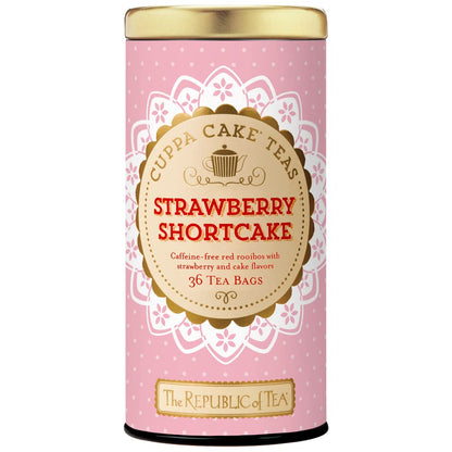 Pink tea canister with 'Strawberry Shortcake' flavor from Cuppa Cake Teas on a white background