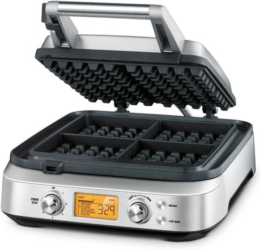 Breville Smart Waffle Pro 4 Slice waffle maker BWM640XL with lid open showing four square waffle plates