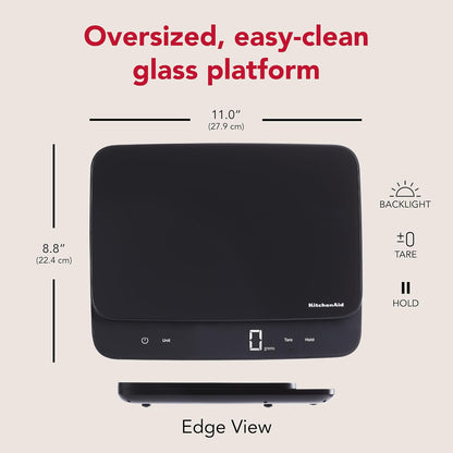 KitchenAid High Capacity Glass Surface Digital Kitchen and Food Scale, 30 Pound Capacity and Precision, Grams, Ounces, Pounds, Fluid Ounces & Milliliters, LED, Tare Function, Black