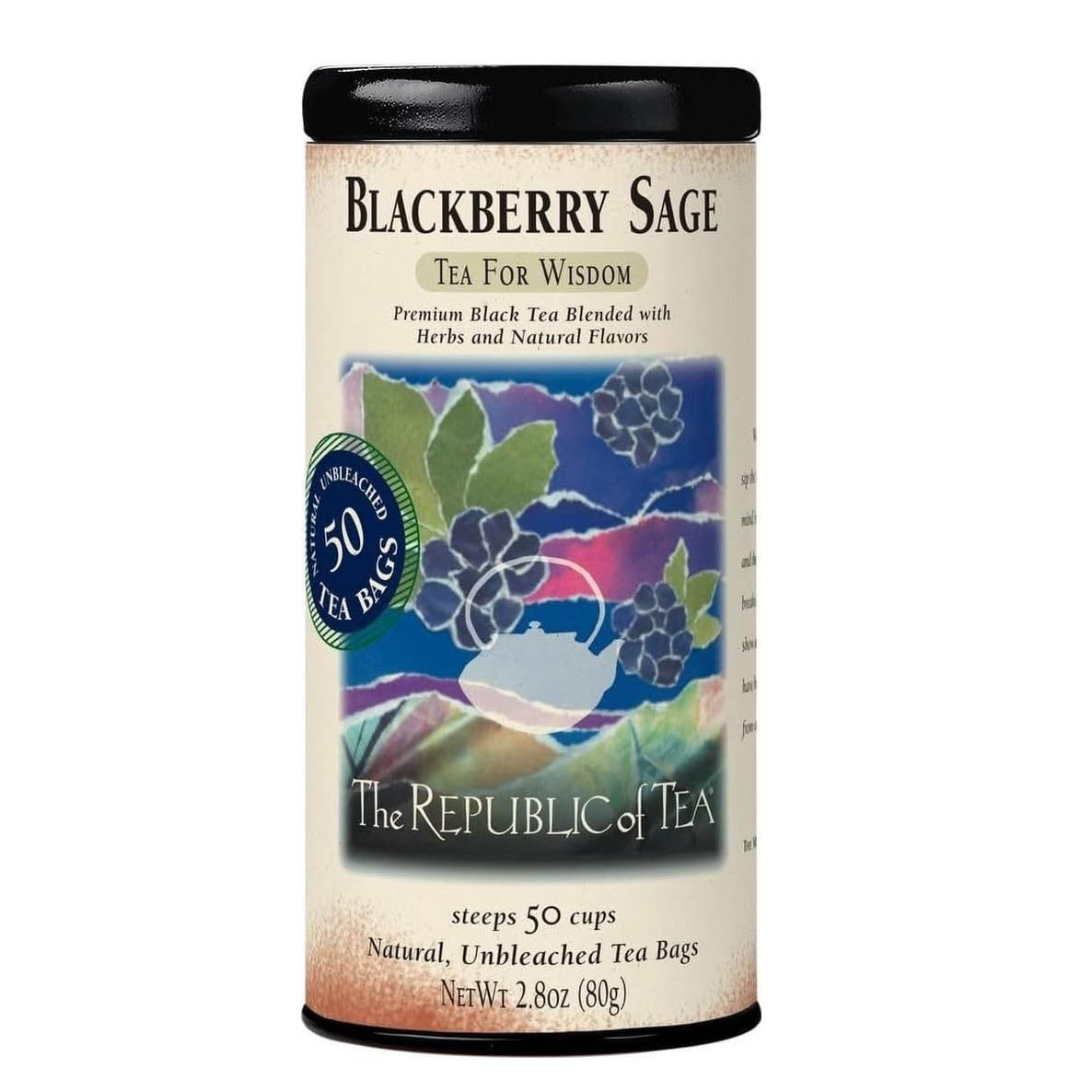 A cylindrical canister of The Republic of Tea Blackberry Sage tea bags, featuring a cream-colored label with a colorful blue and purple berry illustration, a black lid, and a green circular seal.
