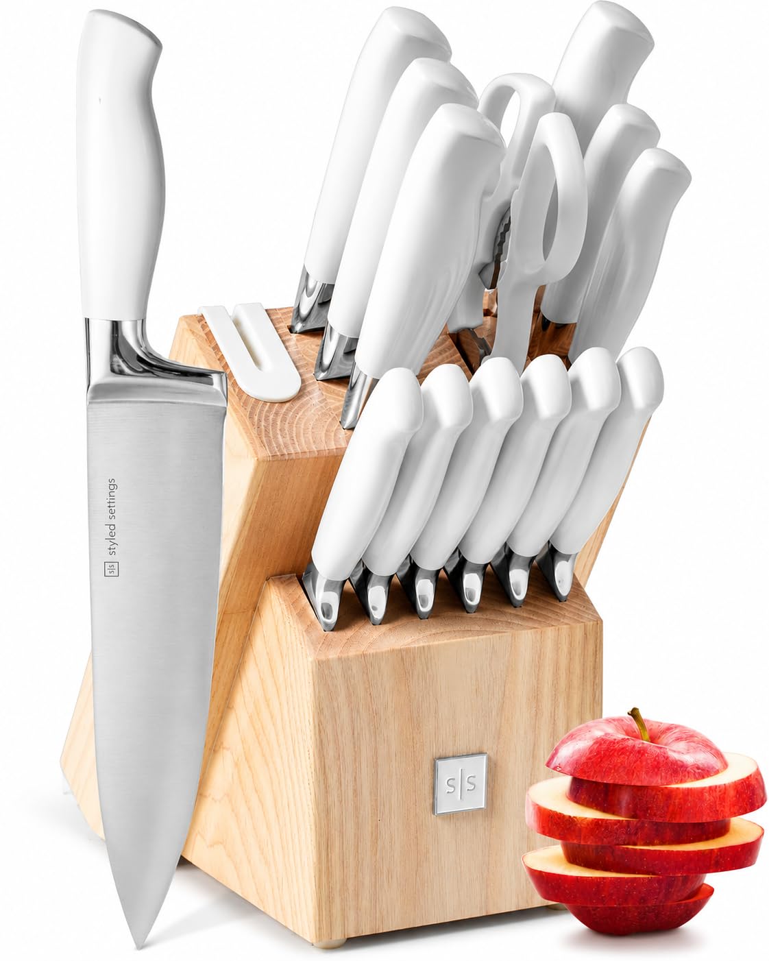 Styled Settings Gold Knife Set with Block and Built-In Sharpener, 14-Piece