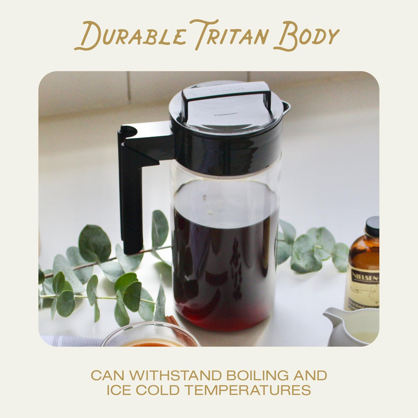 Takeya Deluxe Cold Brew Coffee Maker - BPA-Free Tritan Pitcher with Airtight Leakproof Lid, Silicone Grip Handle, Fine-Mesh Filter - Shatter-Proof, Dishwasher Safe, Made in USA - 2 Quart/Stone