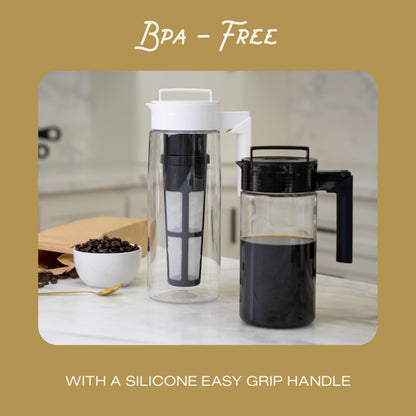 Takeya Deluxe Cold Brew Coffee Maker - BPA-Free Tritan Pitcher with Airtight Leakproof Lid, Silicone Grip Handle, Fine-Mesh Filter - Shatter-Proof, Dishwasher Safe, Made in USA - 2 Quart/Stone