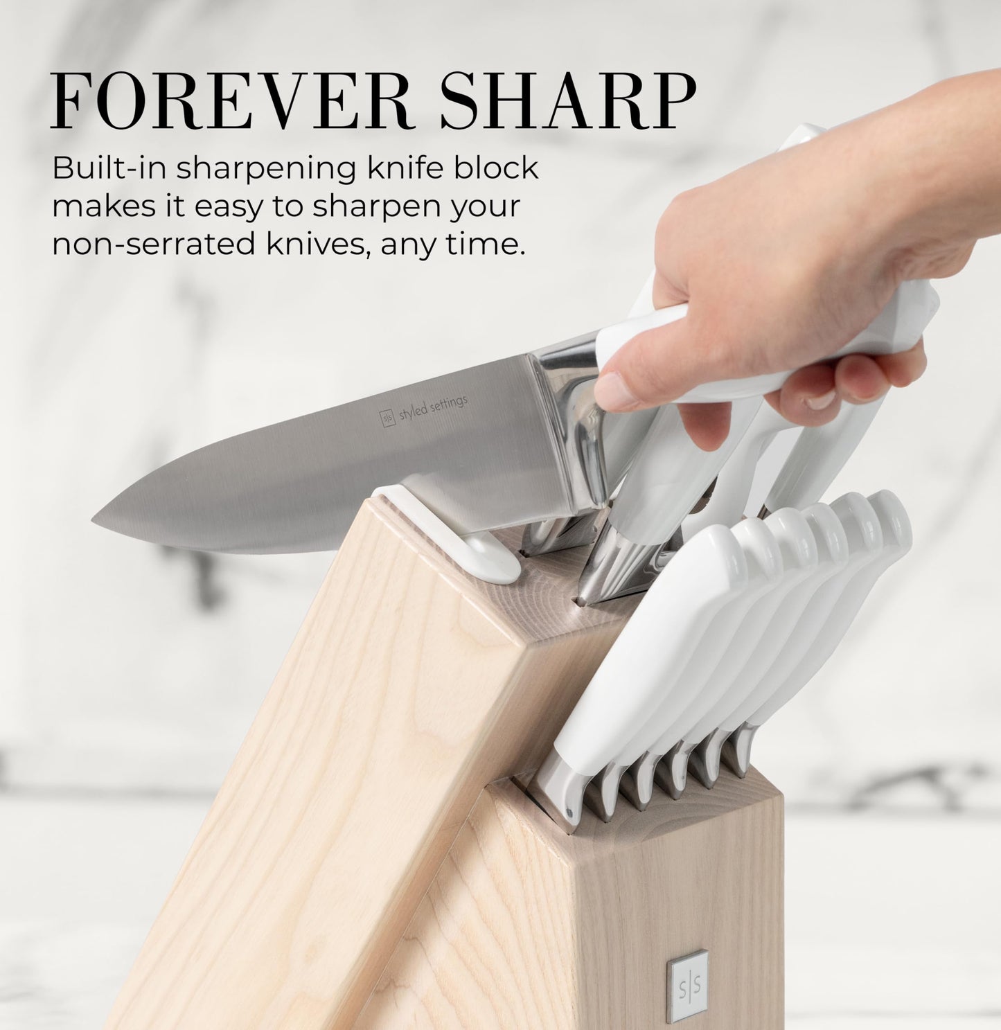 Styled Settings Gold Knife Set with Block and Built-In Sharpener, 14-Piece