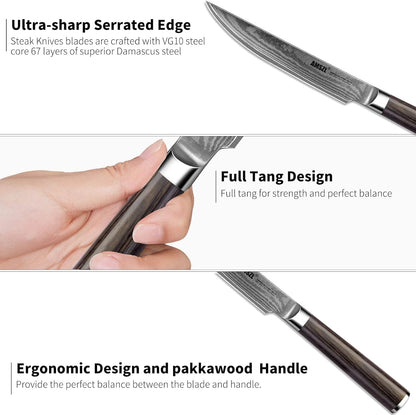 6-Piece Damascus Non-Serrated Steak Knife Set