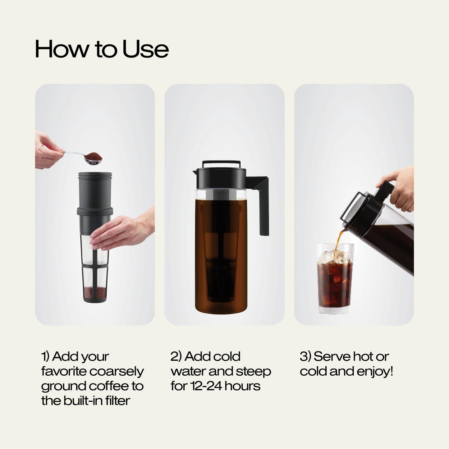 Takeya Deluxe Cold Brew Coffee Maker - BPA-Free Tritan Pitcher with Airtight Leakproof Lid, Silicone Grip Handle, Fine-Mesh Filter - Shatter-Proof, Dishwasher Safe, Made in USA - 2 Quart/Stone
