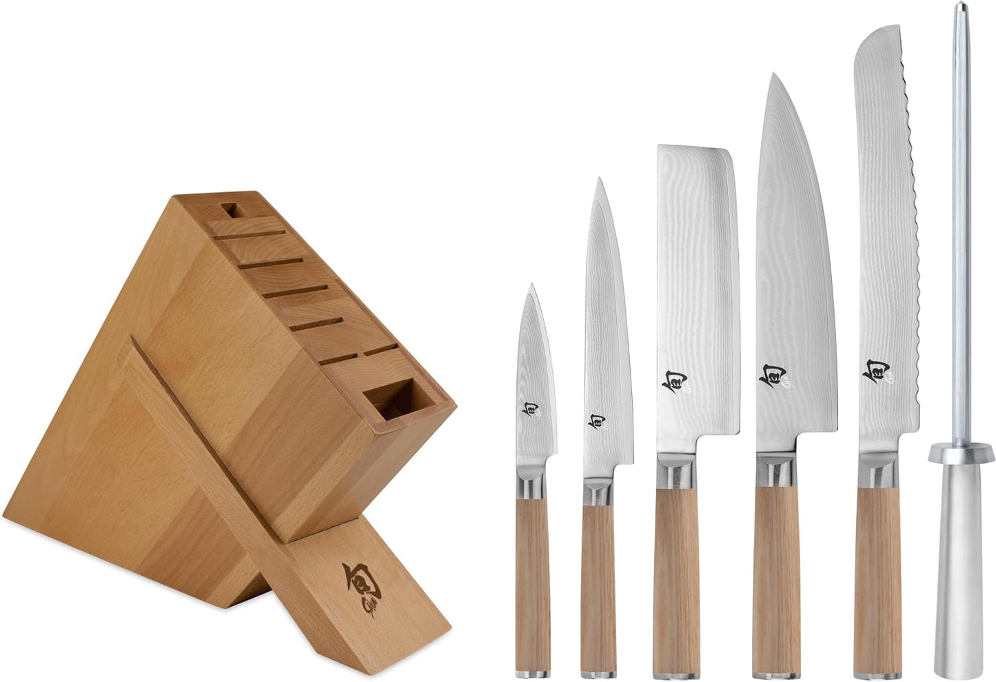 Shun Classic Blonde 7 Piece Block Set | Includes 5 Classic Blonde Knives, Honing Steel and Knife Block, Damascus Stainless Steel Cladding, Pakkawood Handle