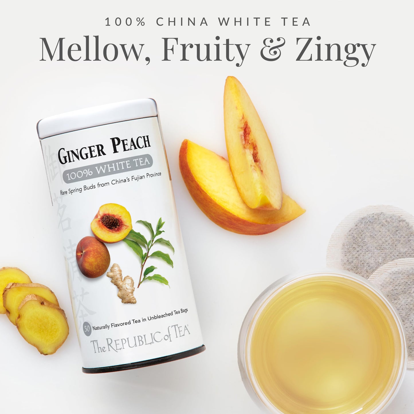 Ginger Peach 100% White Tea, Low Caffeine, 50 Count | The Republic of Tea
