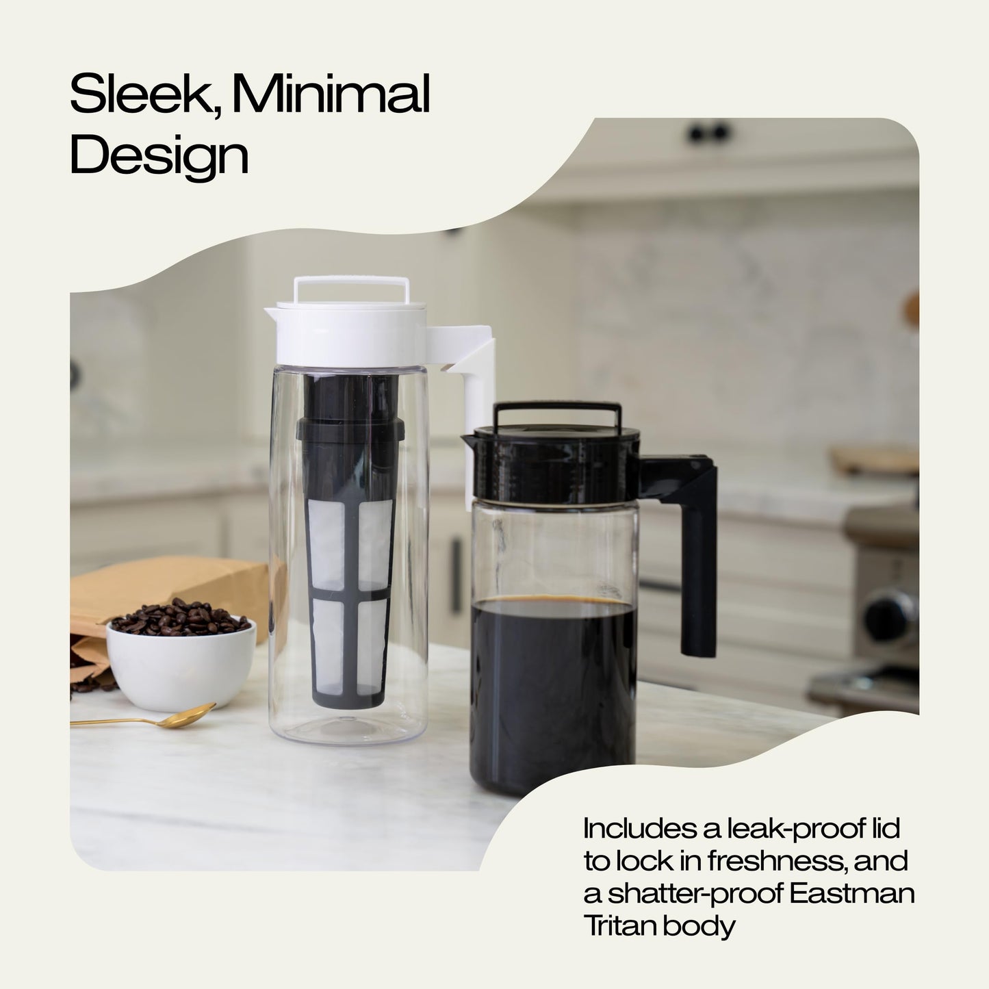 Takeya Deluxe Cold Brew Coffee Maker - BPA-Free Tritan Pitcher with Airtight Leakproof Lid, Silicone Grip Handle, Fine-Mesh Filter - Shatter-Proof, Dishwasher Safe, Made in USA - 2 Quart/Stone
