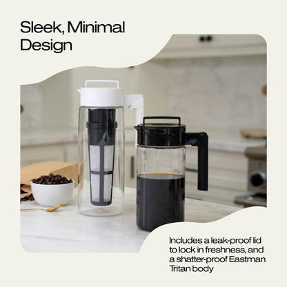 Takeya Deluxe Cold Brew Coffee Maker - BPA-Free Tritan Pitcher with Airtight Leakproof Lid, Silicone Grip Handle, Fine-Mesh Filter - Shatter-Proof, Dishwasher Safe, Made in USA - 2 Quart/Stone