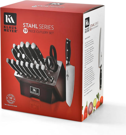 Klaus Meyer Stahl 19-Piece German Steel Kitchen Knife Block Set (Black) | Premium Knife Set, Long-Lasting Sharpness, Versatile Knife Choices, Space-Saving Block, Ideal For Food Prep & Large Gathering
