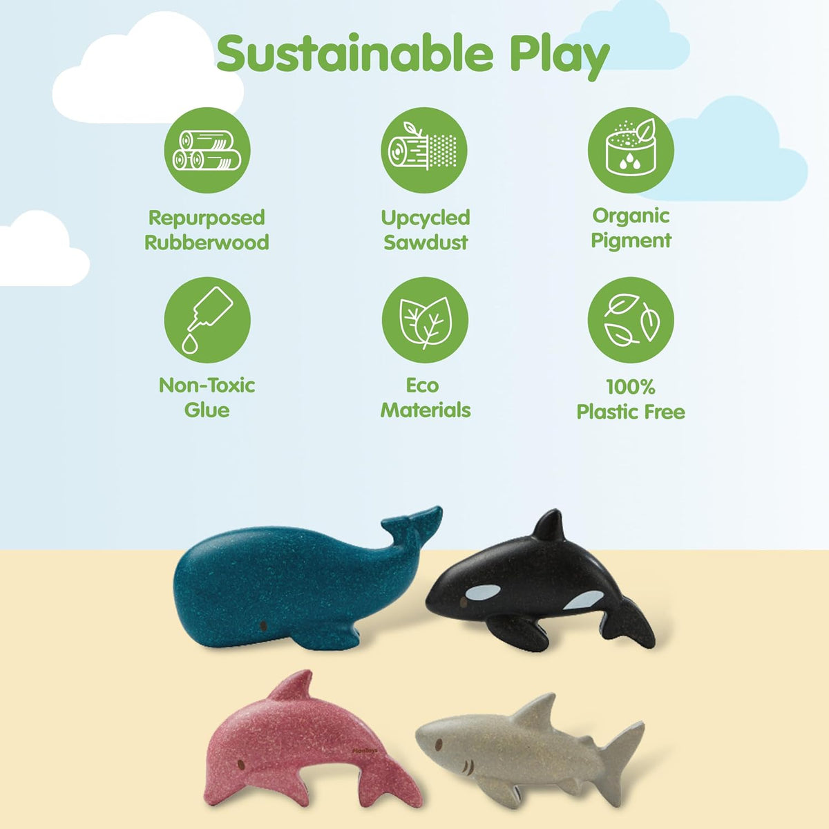 PlanToys® Wooden Sea Life 4-Piece Set, Dolphin, Orca, Whale & Shark Kids