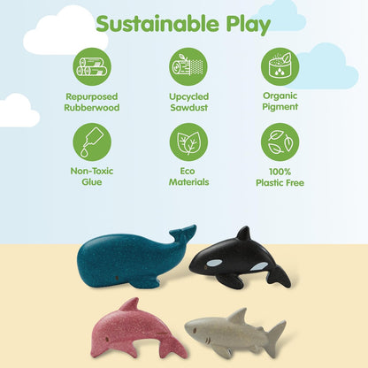 PlanToys® Wooden Sea Life 4-Piece Set, Dolphin, Orca, Whale & Shark Kids