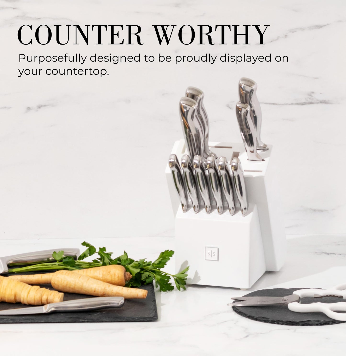 Styled Settings Gold Knife Set with Block and Built-In Sharpener, 14-Piece