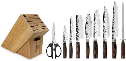 Shun Premier 10 Piece Block Set | Includes 8" Chef, 4" Paring, 5.5" Nakiri, 7" Santoku Knife & More, Damascus Stainless Steel Cladding, Pakkawood Handle