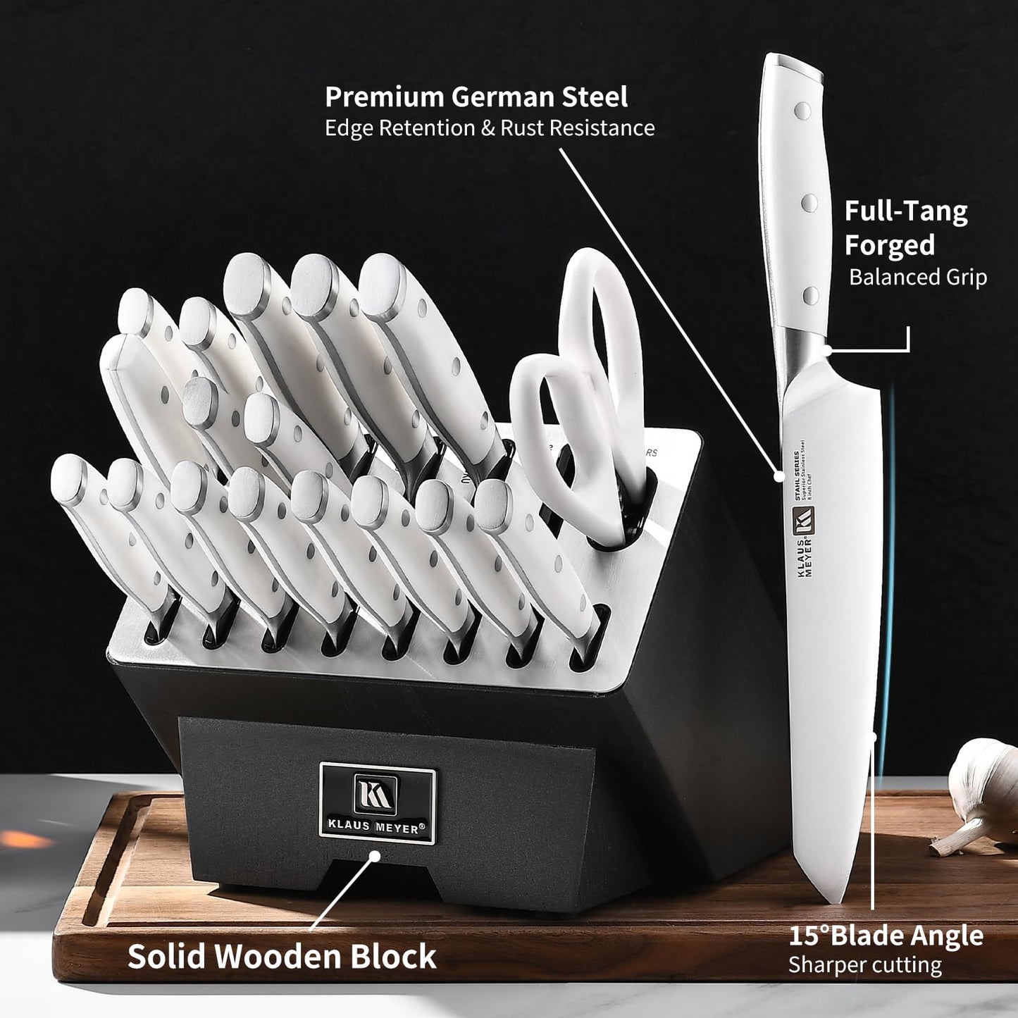 Klaus Meyer Stahl 19-Piece German Steel Kitchen Knife Block Set (Black) | Premium Knife Set, Long-Lasting Sharpness, Versatile Knife Choices, Space-Saving Block, Ideal For Food Prep & Large Gathering