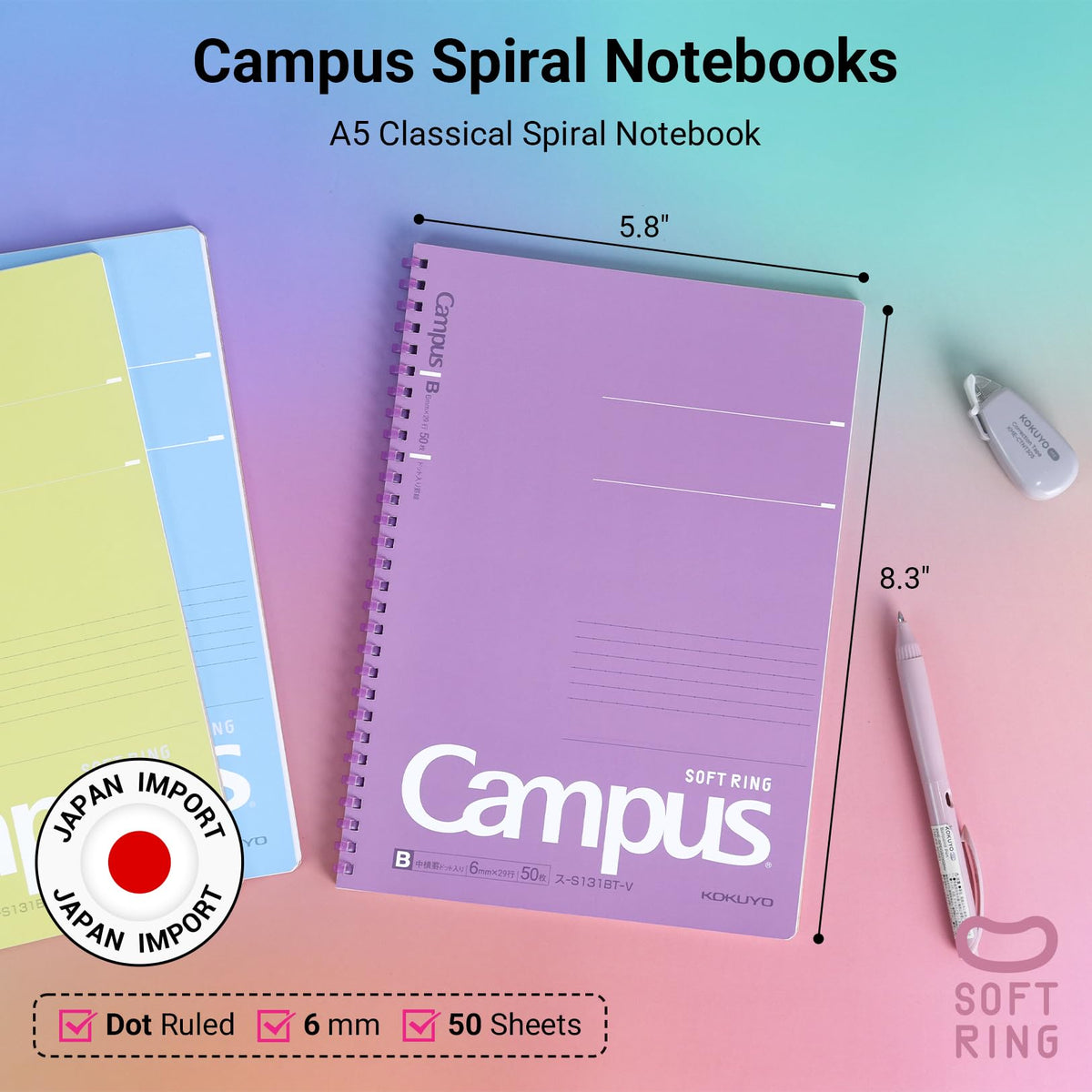 KOKUYO Spiral Lined Notebook, 5 Pack 10'' x 7'' Pastel Journal B5 Campus Soft Ring Notebooks with Dot 7 mm Ruled, 40 Sheets, 1 Subject Notebook, Note Taking for School (SU-S111AT)