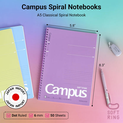 KOKUYO Spiral Lined Notebook, 5 Pack 10'' x 7'' Pastel Journal B5 Campus Soft Ring Notebooks with Dot 7 mm Ruled, 40 Sheets, 1 Subject Notebook, Note Taking for School (SU-S111AT)