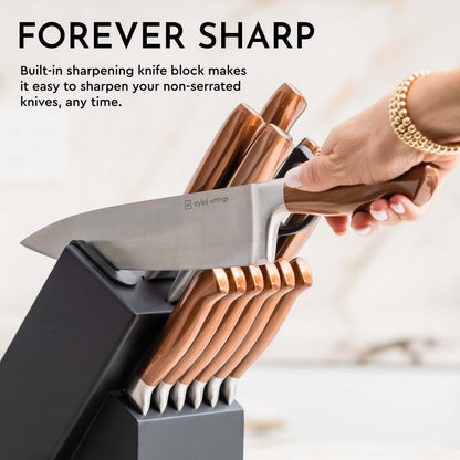 Styled Settings Gold Knife Set with Block and Built-In Sharpener, 14-Piece