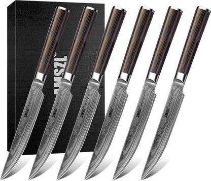 6-Piece Damascus Non-Serrated Steak Knife Set