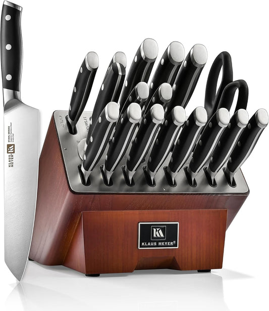 Klaus Meyer Stahl 19-Piece German Steel Kitchen Knife Block Set (Black) | Premium Knife Set, Long-Lasting Sharpness, Versatile Knife Choices, Space-Saving Block, Ideal For Food Prep & Large Gathering
