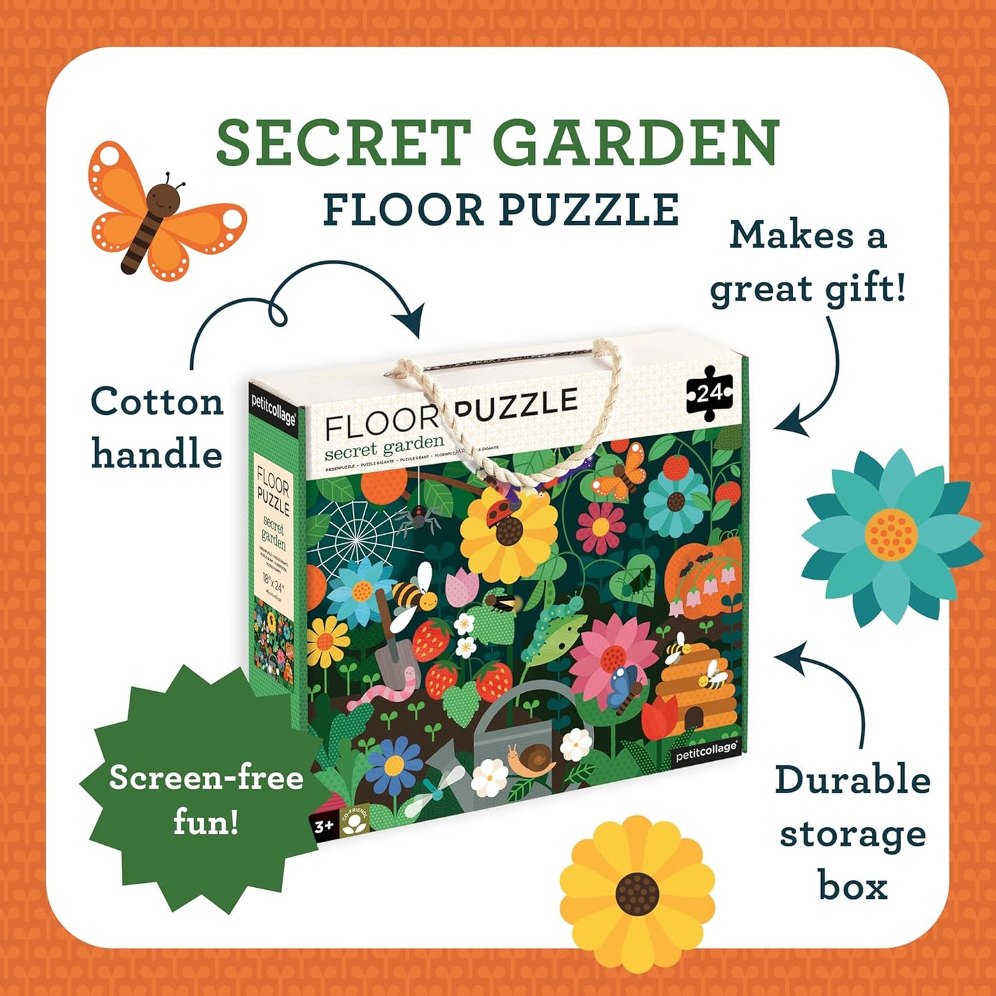 Petit Collage Floor Puzzle, Secret Garden, 24-Pieces – Large Puzzle for Kids, Completed Garden Puzzle Measures 18” x 24” – Makes a Great Gift Idea for Ages 3+