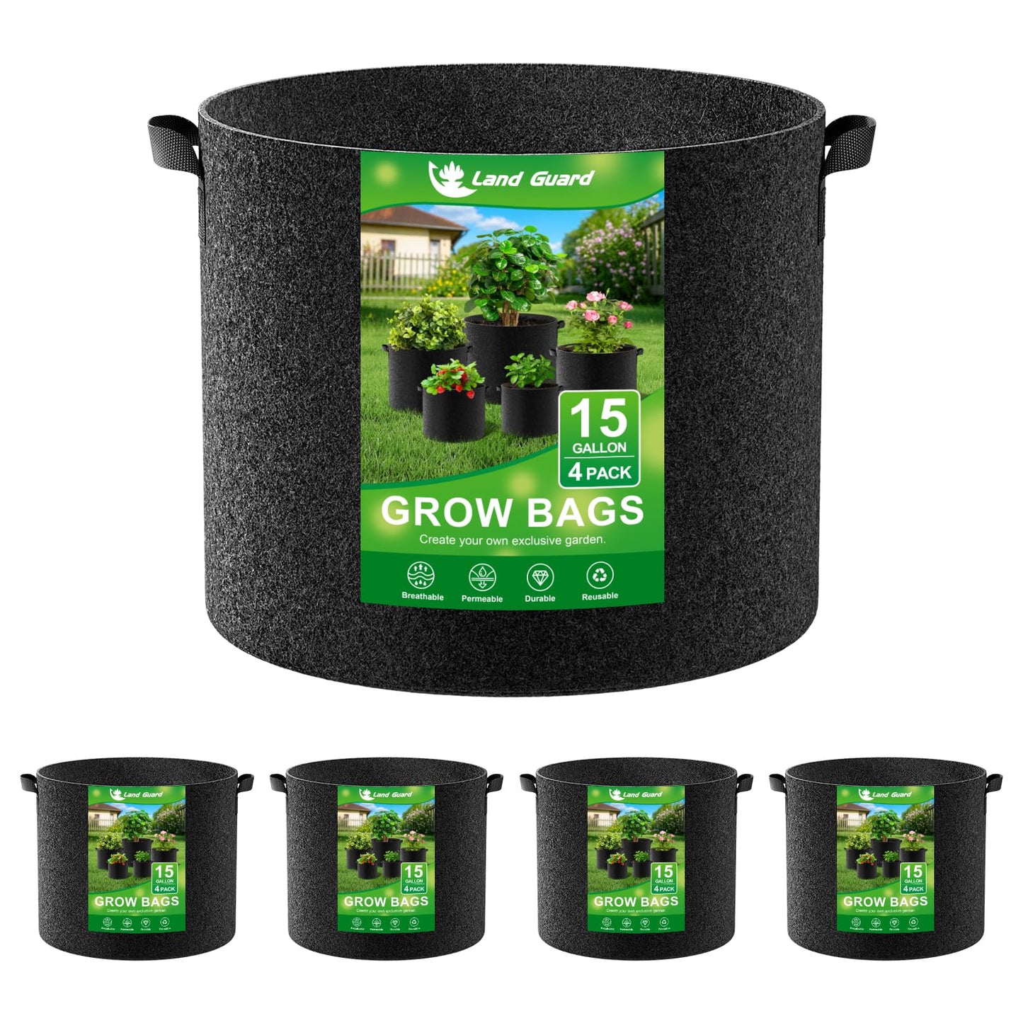 Land Guard 4-Pack Fabric Grow Bags 20 Gallon, Thickened Nonwoven Garden Pots, Growing Bags with Handles, Black