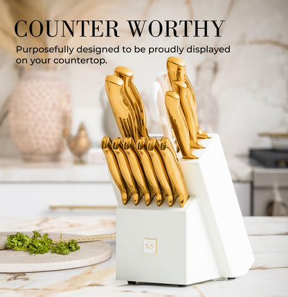 Styled Settings Gold Knife Set with Block and Built-In Sharpener, 14-Piece
