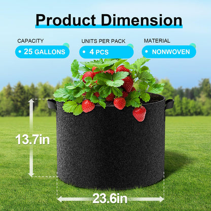 Land Guard 4-Pack Fabric Grow Bags 20 Gallon, Thickened Nonwoven Garden Pots, Growing Bags with Handles, Black