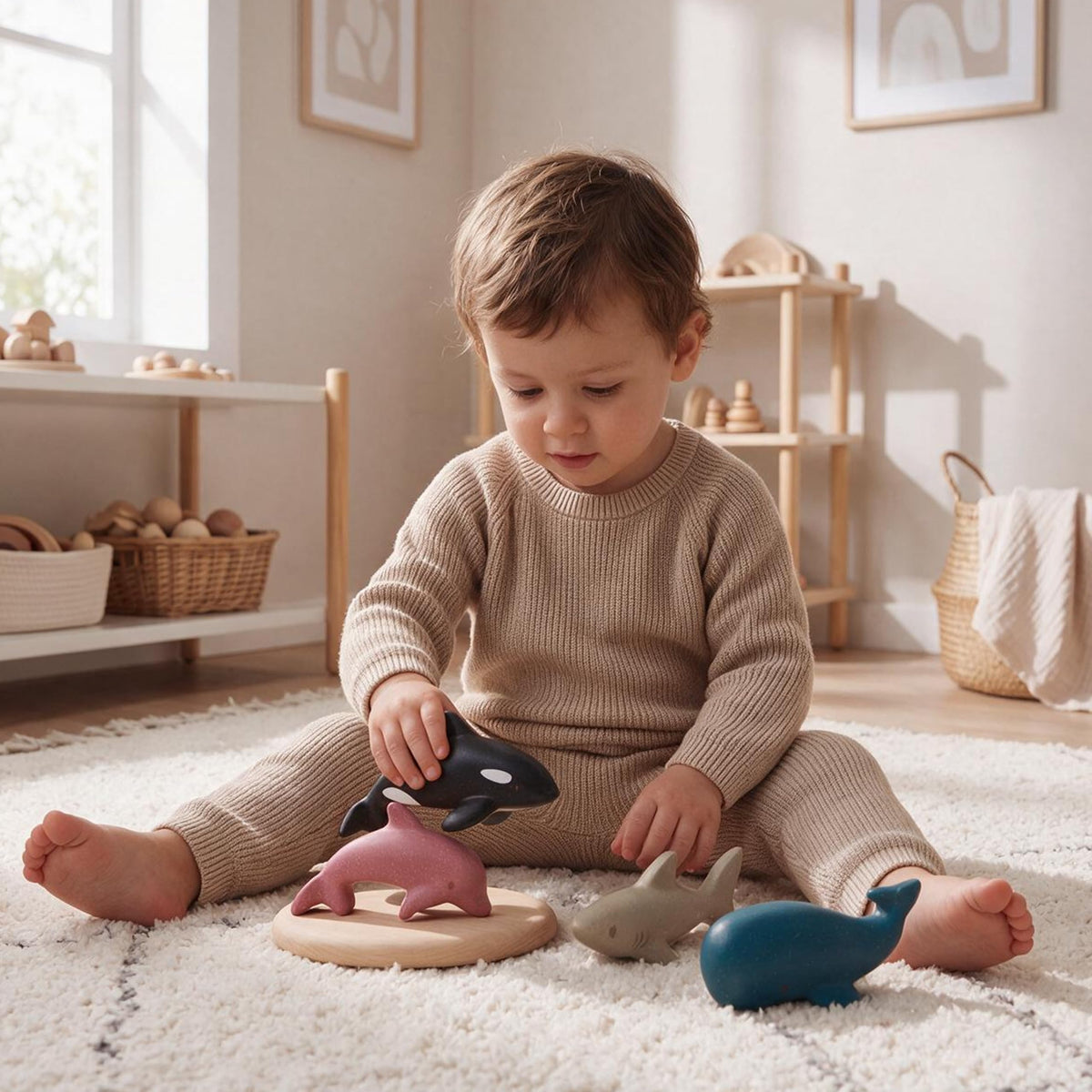 PlanToys® Wooden Sea Life 4-Piece Set, Dolphin, Orca, Whale & Shark Kids