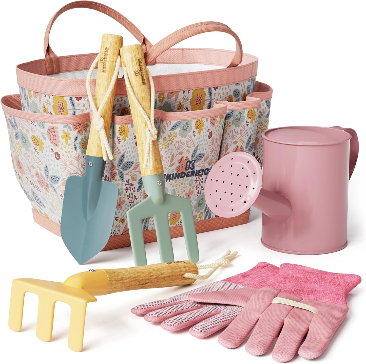 Kinderific Gardening Set, Tool Kit, for Kids, STEM, Includes Tote Bag, Spade, Watering Can, Rake, Fork, Trowel and Gloves (Sunshine)