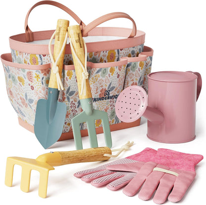 Kinderific Gardening Set, Tool Kit, for Kids, STEM, Includes Tote Bag, Spade, Watering Can, Rake, Fork, Trowel and Gloves (Sunshine)