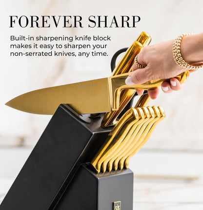 Styled Settings Gold Knife Set with Block and Built-In Sharpener, 14-Piece