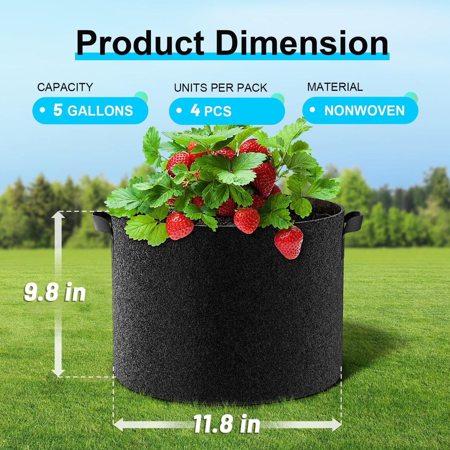 Land Guard 4-Pack Fabric Grow Bags 20 Gallon, Thickened Nonwoven Garden Pots, Growing Bags with Handles, Black