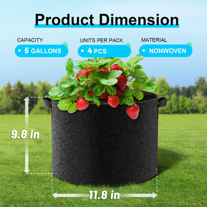 Land Guard 4-Pack Fabric Grow Bags 20 Gallon, Thickened Nonwoven Garden Pots, Growing Bags with Handles, Black