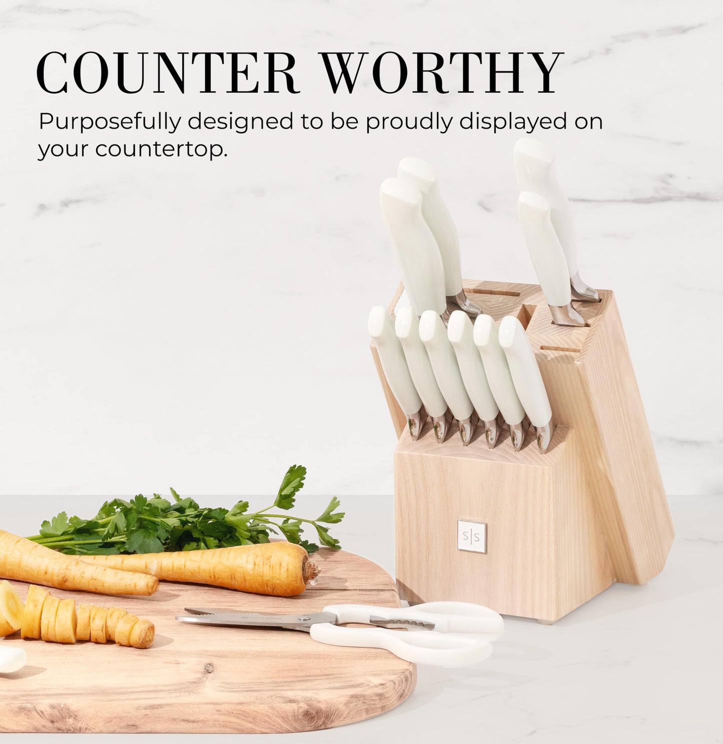 Styled Settings Gold Knife Set with Block and Built-In Sharpener, 14-Piece