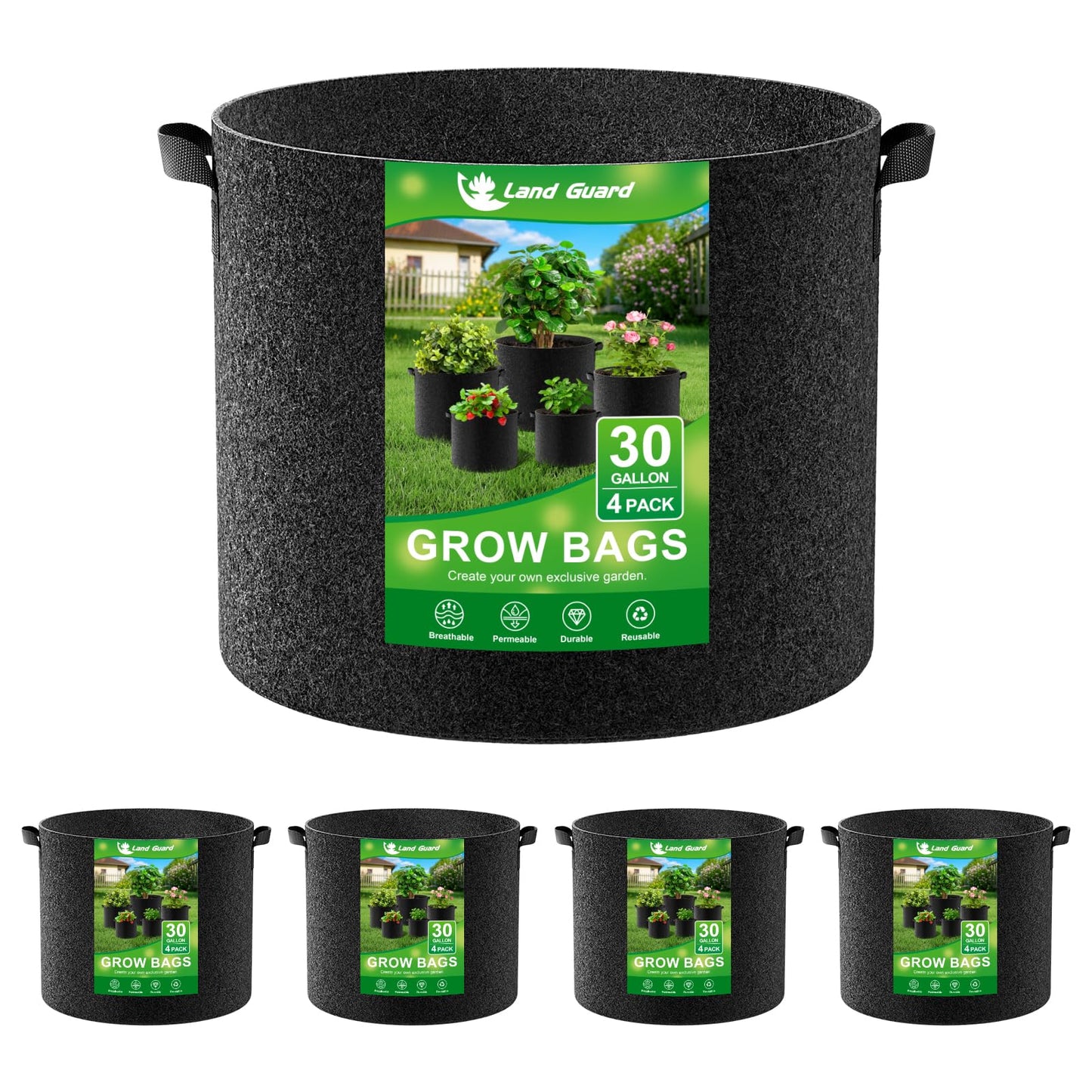 Land Guard 4-Pack Fabric Grow Bags 20 Gallon, Thickened Nonwoven Garden Pots, Growing Bags with Handles, Black