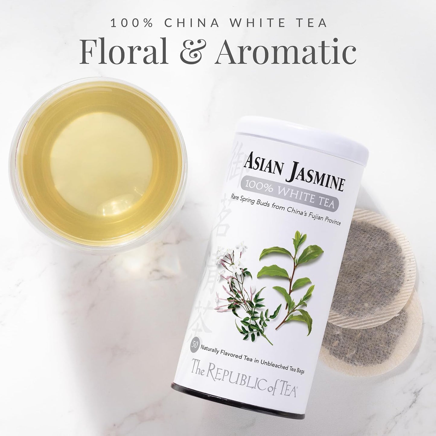 Asian Jasmine 100% White Tea, Low Caffeine, 50 Count | The Republic of Tea