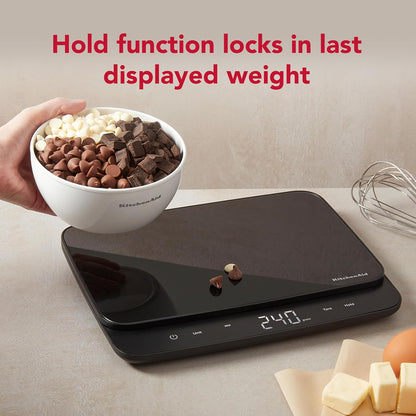 KitchenAid High Capacity Glass Surface Digital Kitchen and Food Scale, 30 Pound Capacity and Precision, Grams, Ounces, Pounds, Fluid Ounces & Milliliters, LED, Tare Function, Black