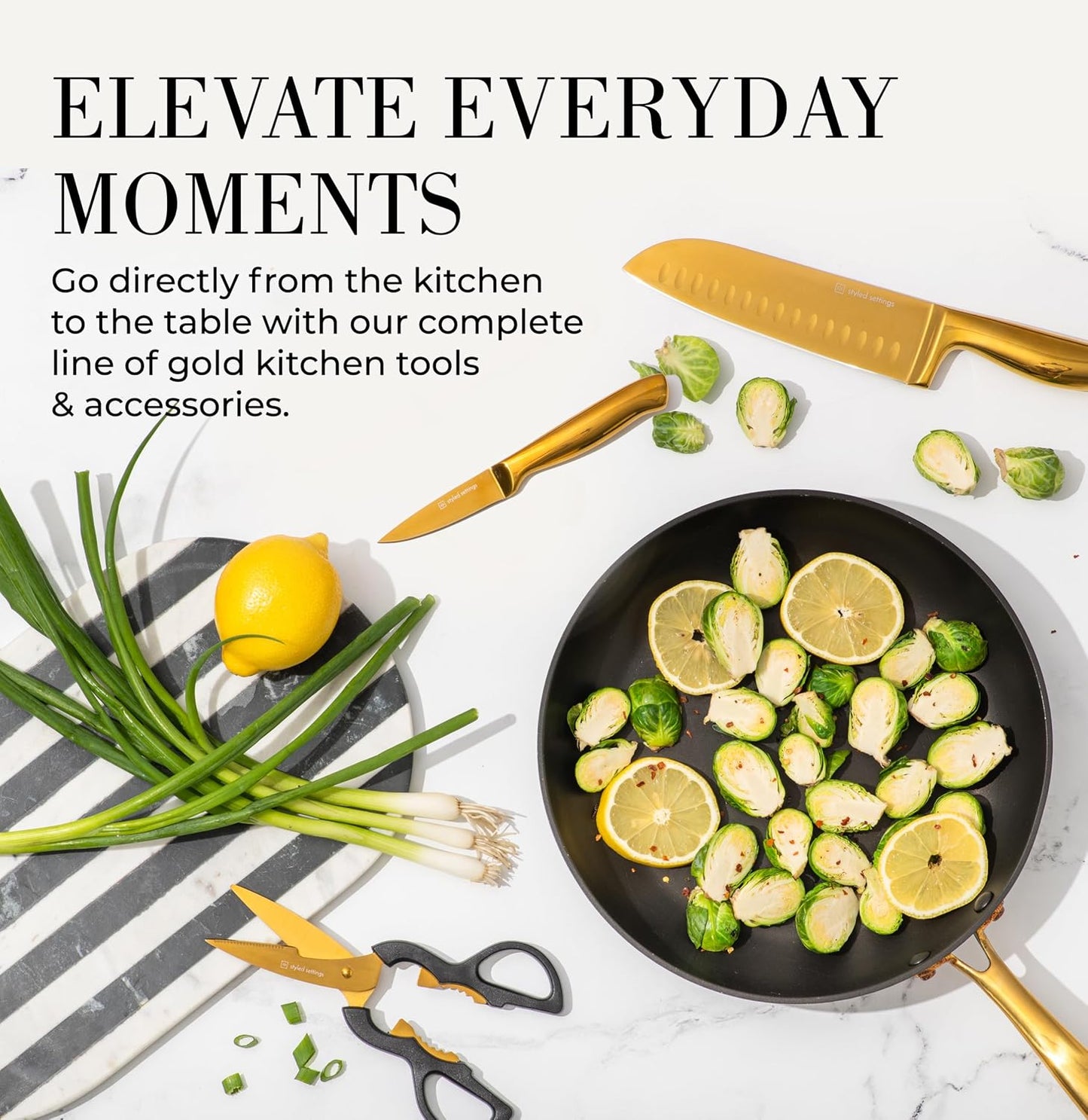 Styled Settings Gold Knife Set with Block and Built-In Sharpener, 14-Piece