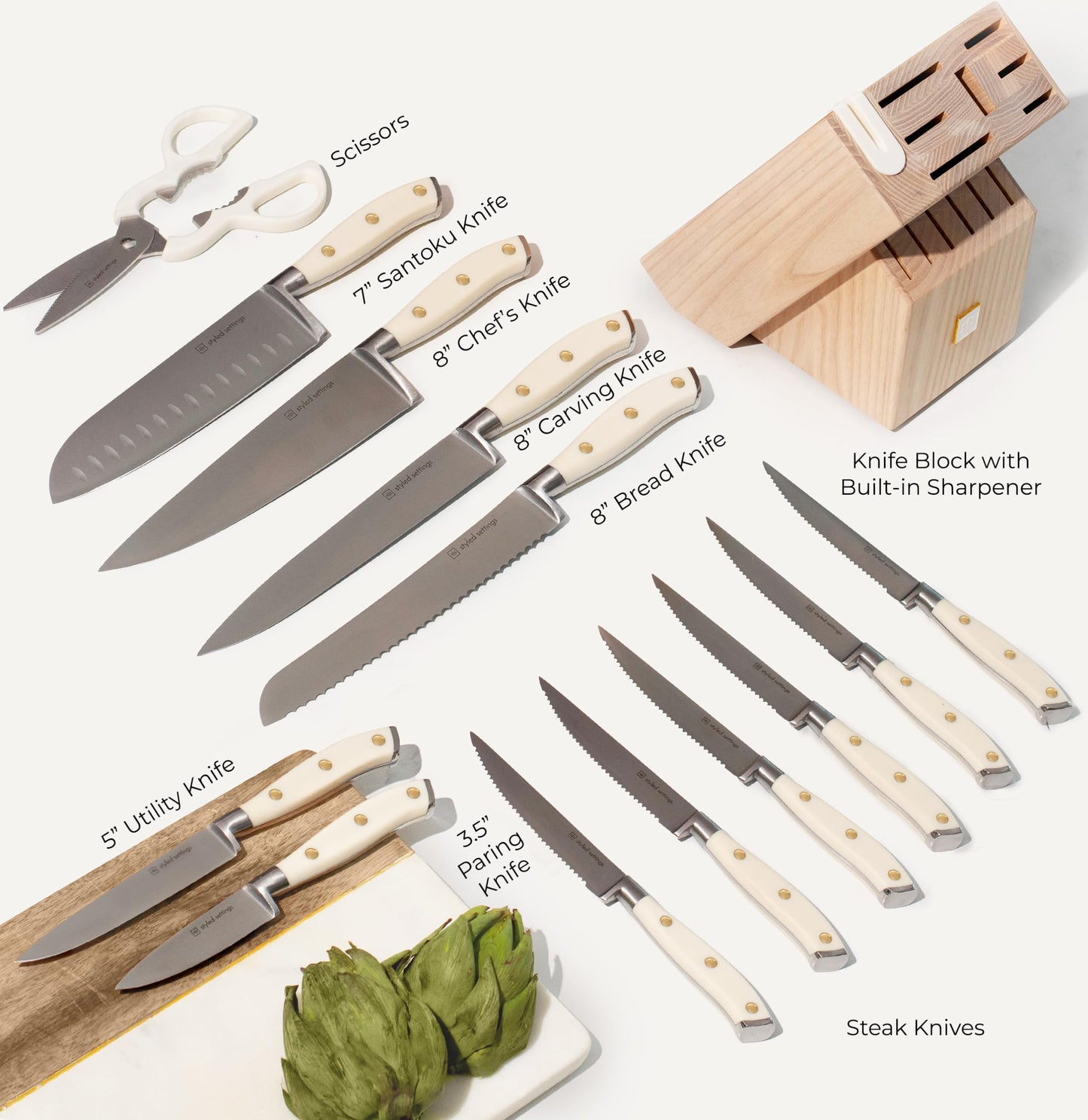 Styled Settings Gold Knife Set with Block and Built-In Sharpener, 14-Piece