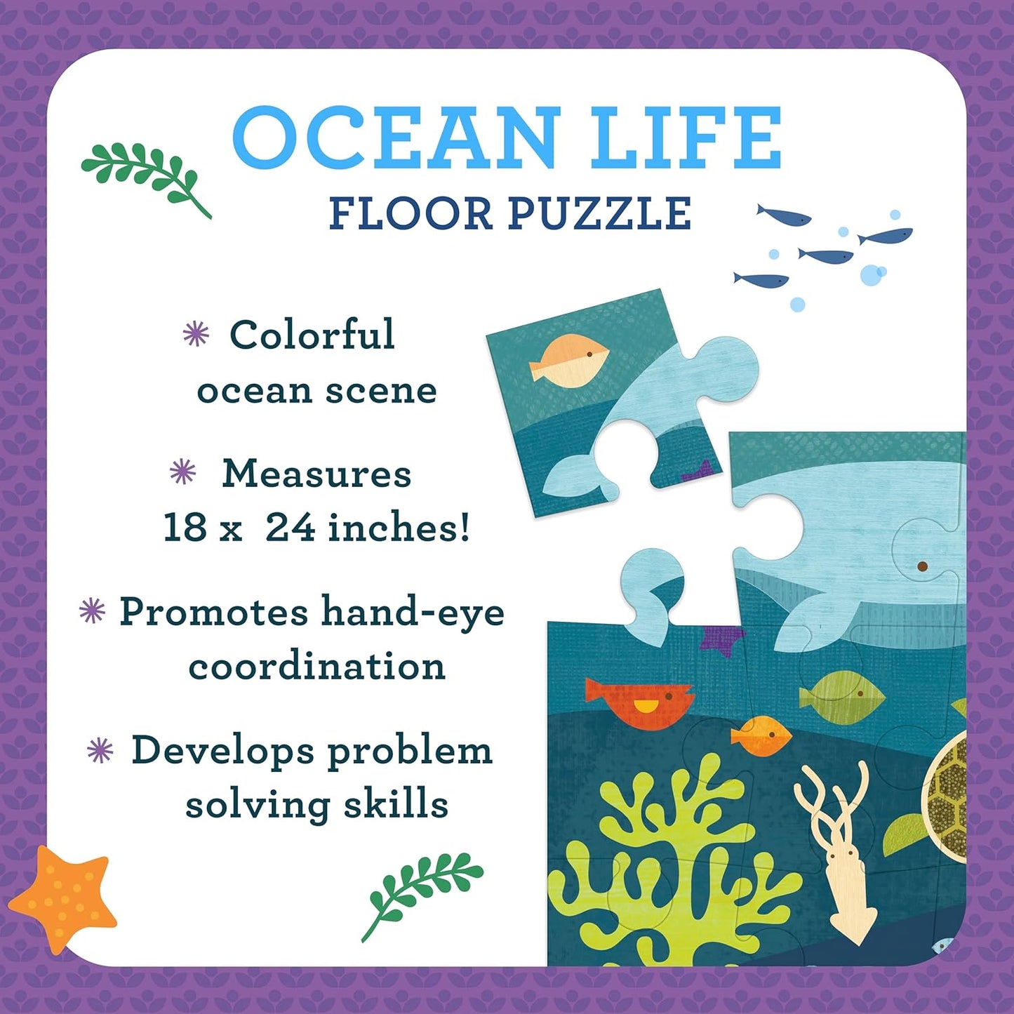 Petit Collage Floor Puzzle Ocean Life 24 Pieces | Large Puzzle for Kids | Completed Puzzle 18" x 24" | Great Gift for Kids Ages 3+