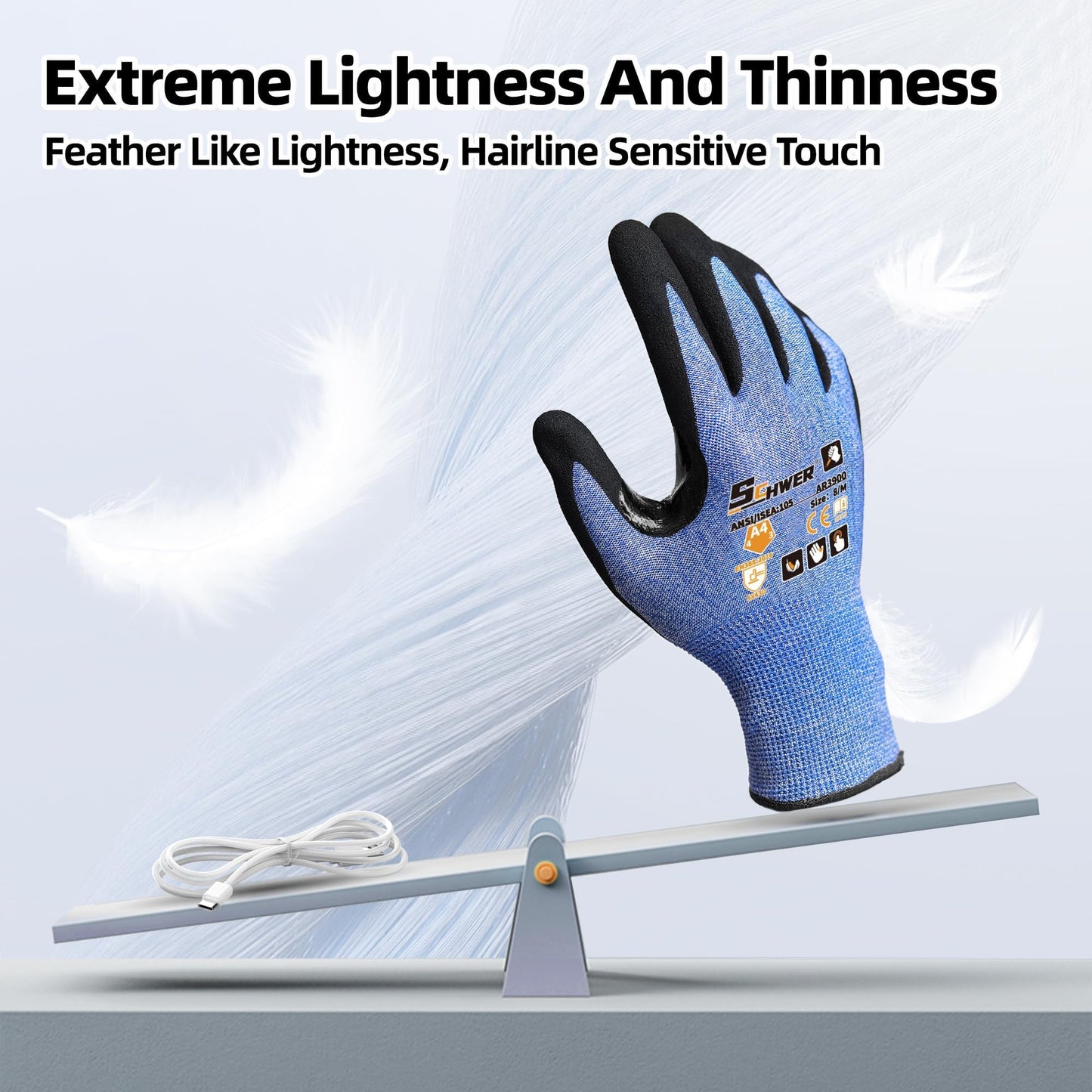 Schwer A4 AIR-SKIN Cut Resistant Work Gloves with Extreme Lightweight & Thin, Grip Glove for Fishing, Refined Work, Gardening Gloves for Yard, Touchscreen, 3D-Comfort Fit, Men Women Gifts, AR3900, L