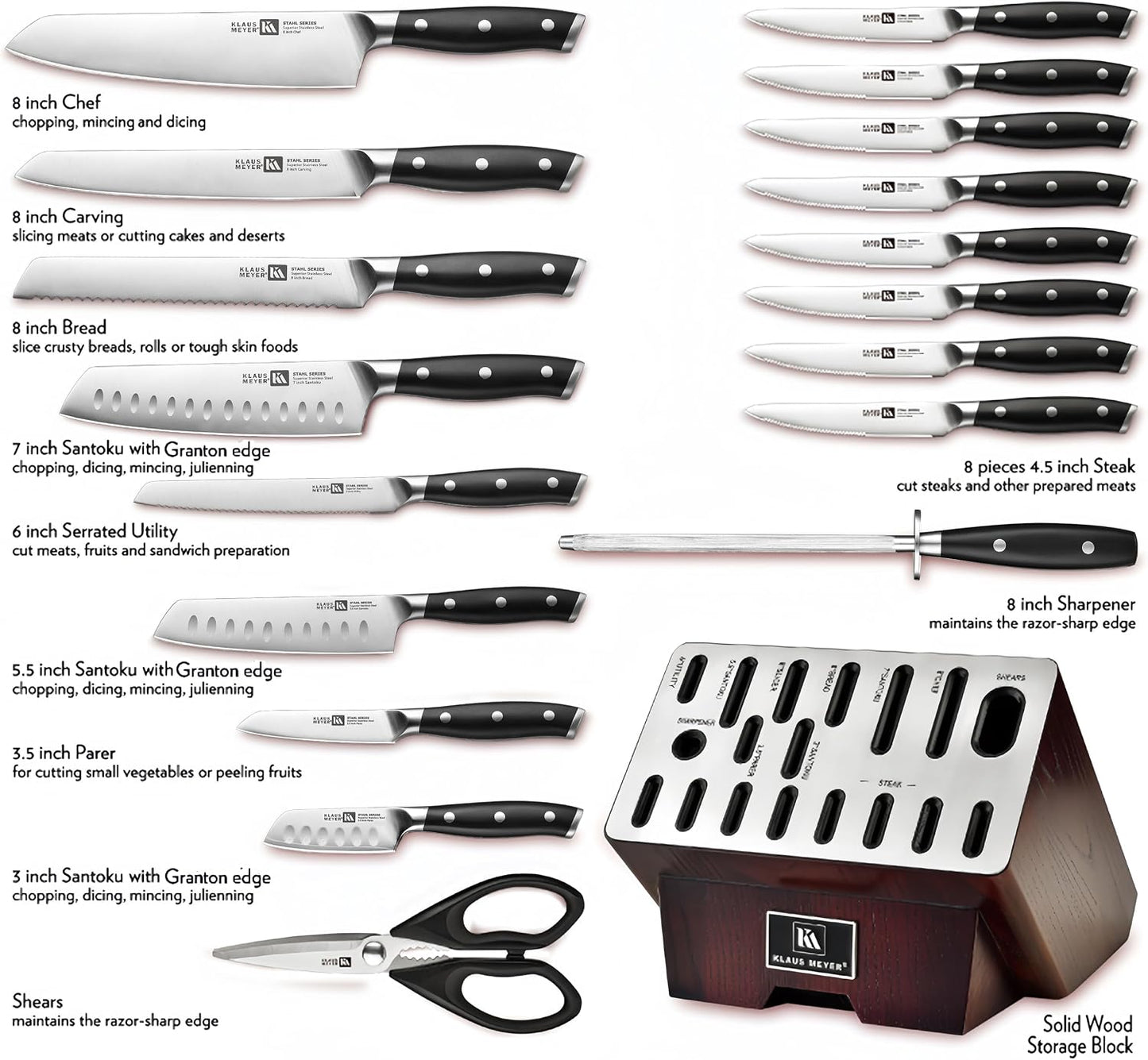 Klaus Meyer Stahl 19-Piece German Steel Kitchen Knife Block Set (Black) | Premium Knife Set, Long-Lasting Sharpness, Versatile Knife Choices, Space-Saving Block, Ideal For Food Prep & Large Gathering
